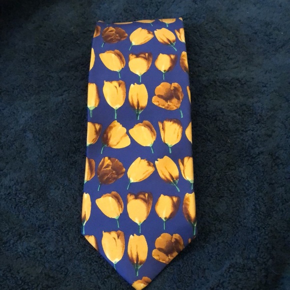 🇮🇹 Gucci Gold Tulip pattern on blue silk classic tie - Picture 1 of 12